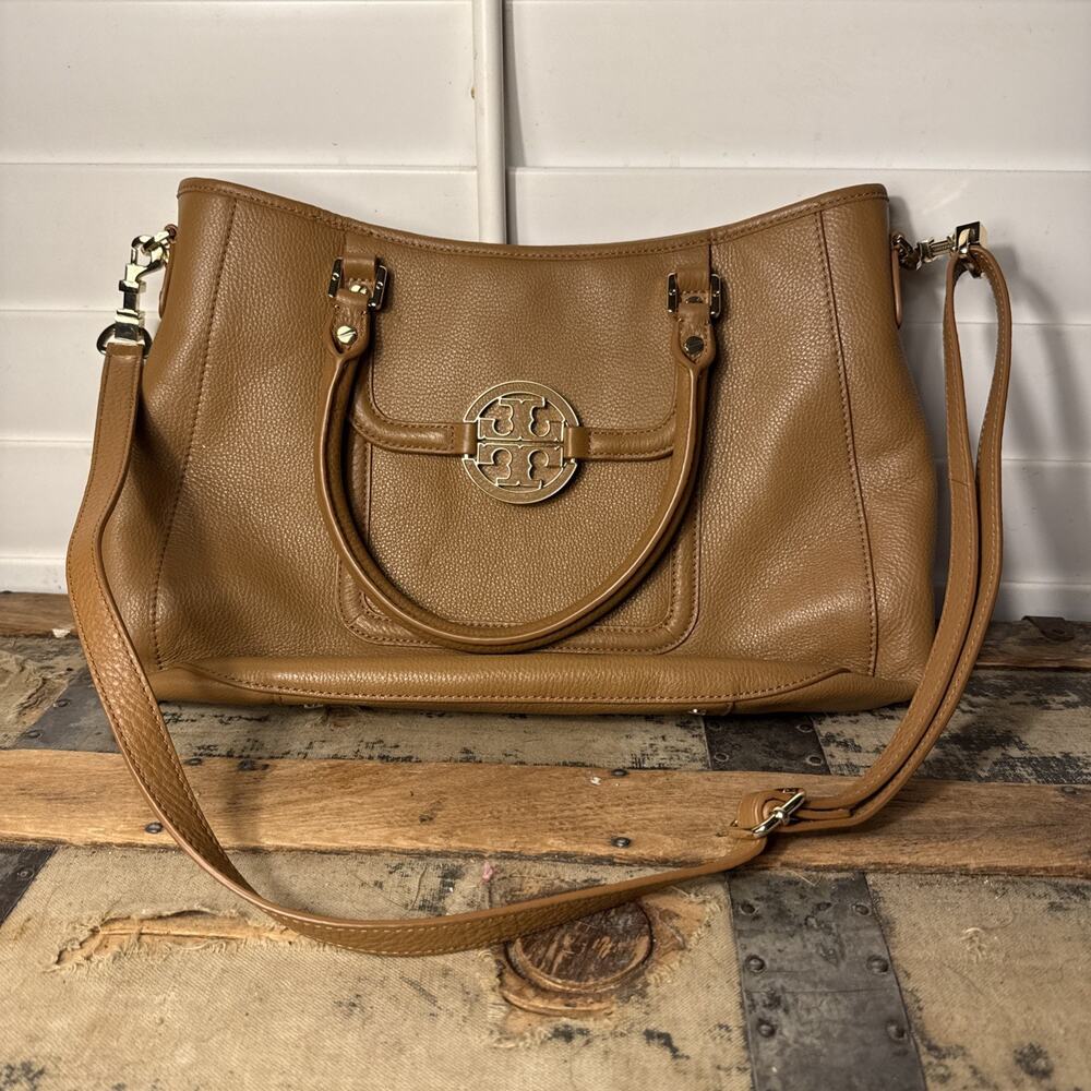 Tory Burch Amanda Satchel Purse Brown Tan Leather Gold